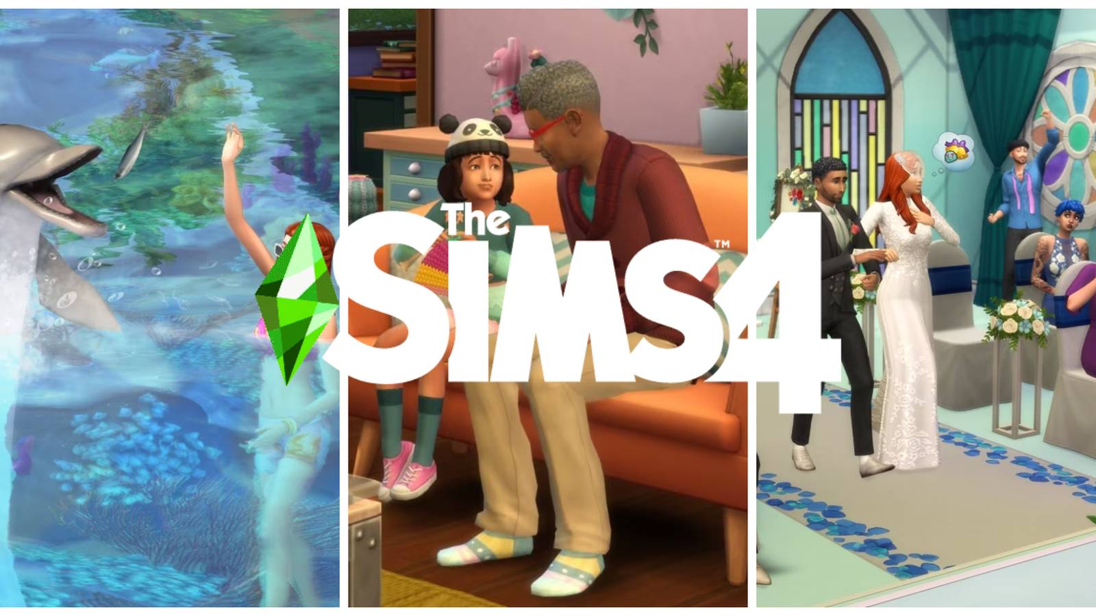 Sims in a legacy challenge play with dolphins, bond with family, and celebrate weddings together