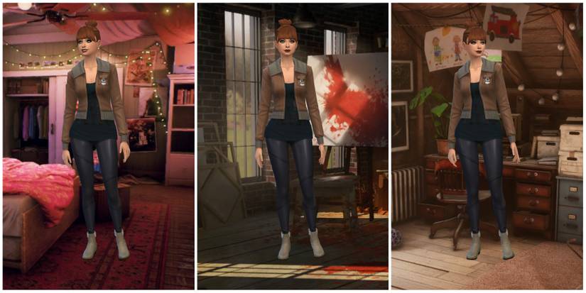 A Sim poses for three editions of cozy room cas backgrounds 