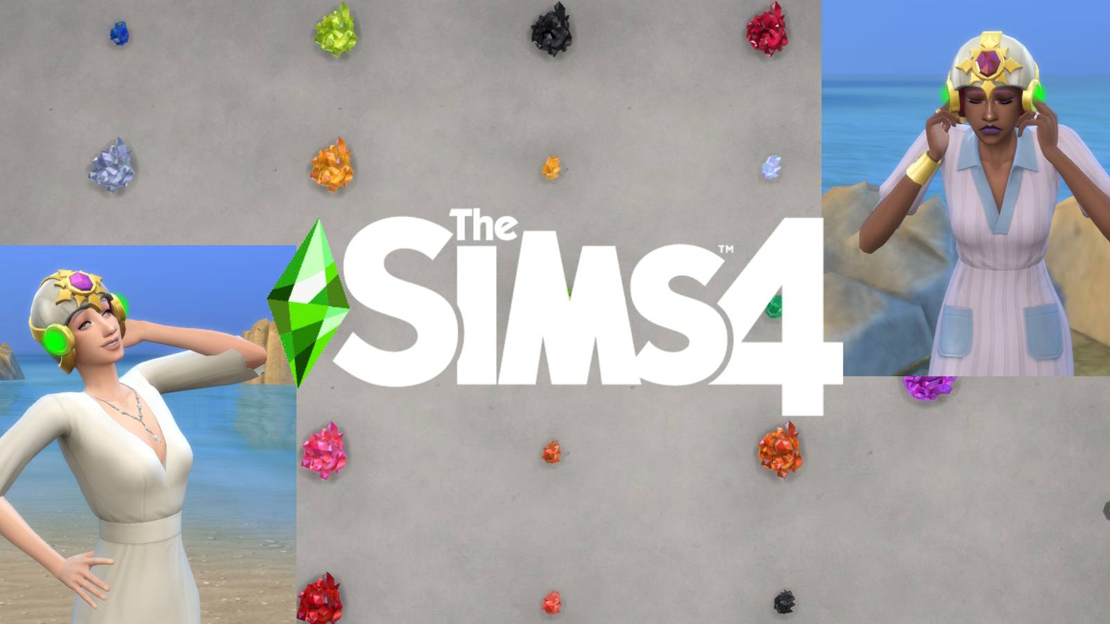 Two Sims in a crystal crown pose next to a collection of crystals