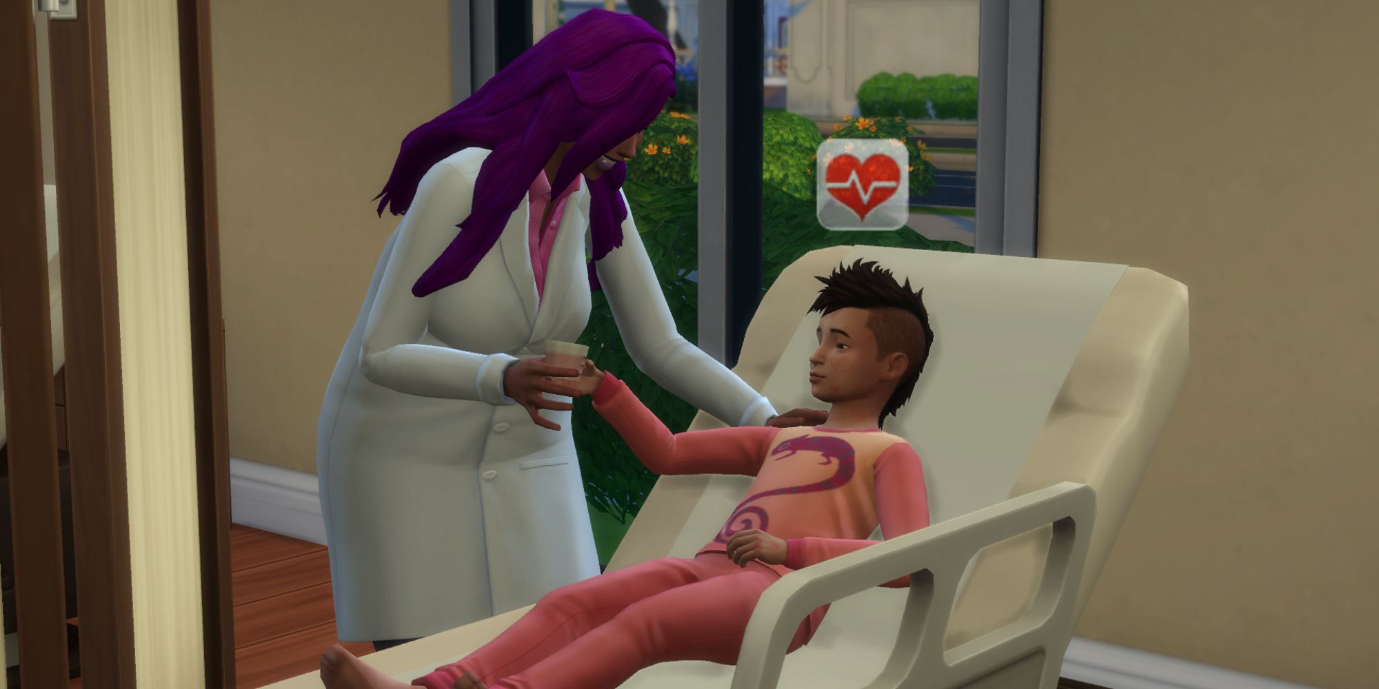 Uma médica Sim dá remédios a seu jovem paciente no The Sims 4