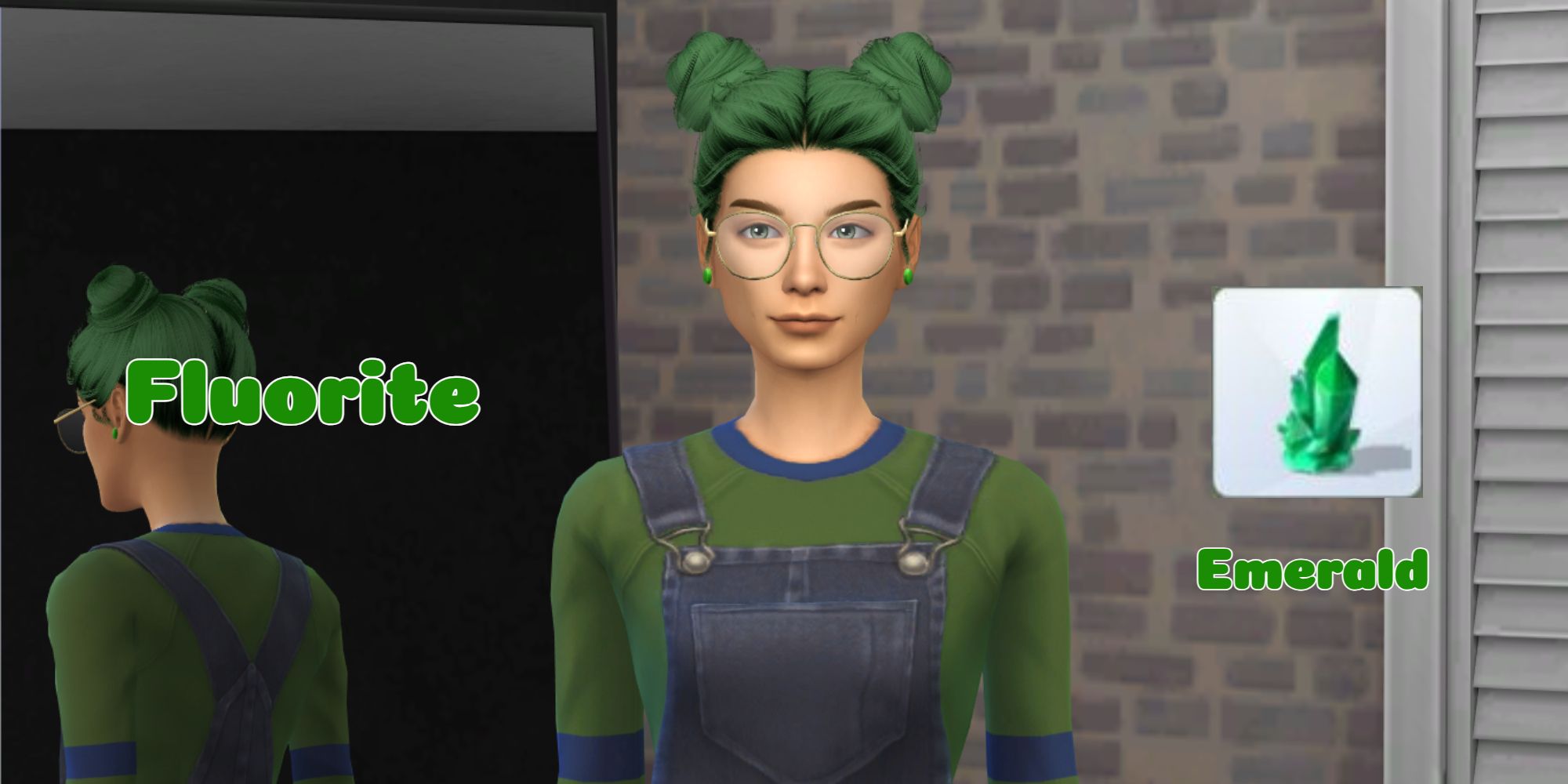 A green-haired Sim in overalls represents the crystal Fluorite and should collect an emerald 