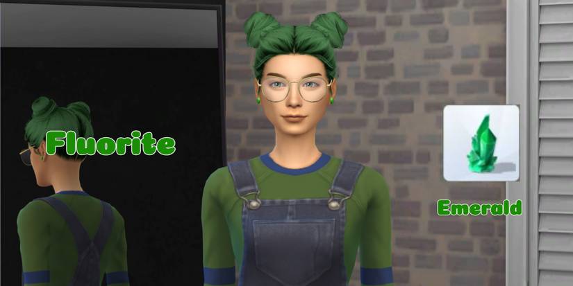 A green-haired Sim in overalls represents the crystal Fluorite and should collect an emerald 