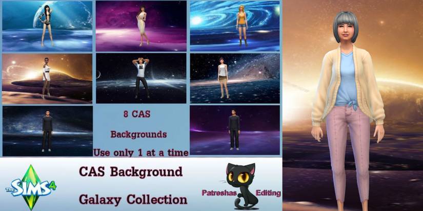 An elder Sim sets an example for a galaxy background created by Patreshaediting