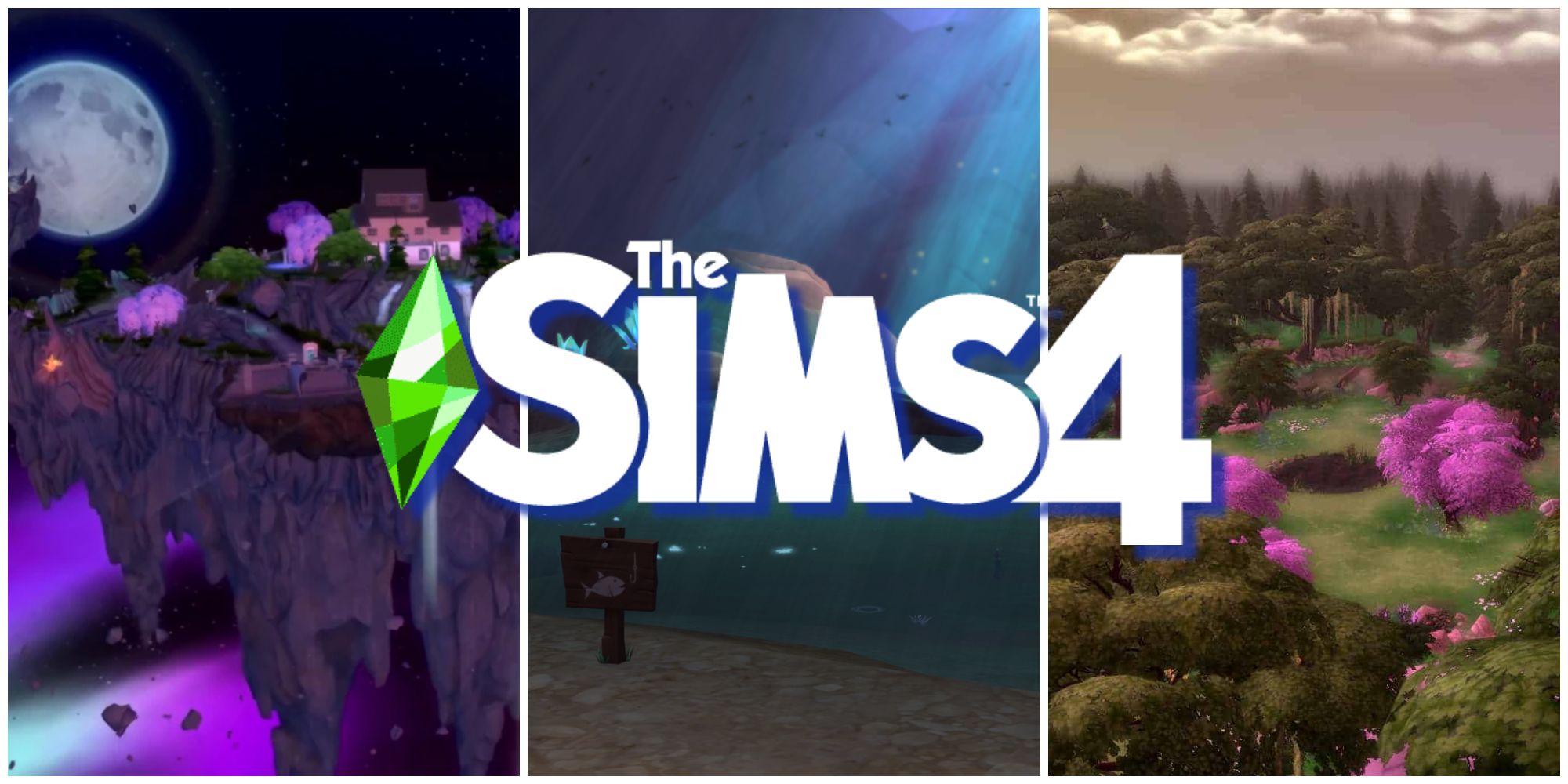 Uma colagem de três mundos ocultos em The Sims 4: The Magic Realm, The Forgotten Grotto e The Sylvian Glade.