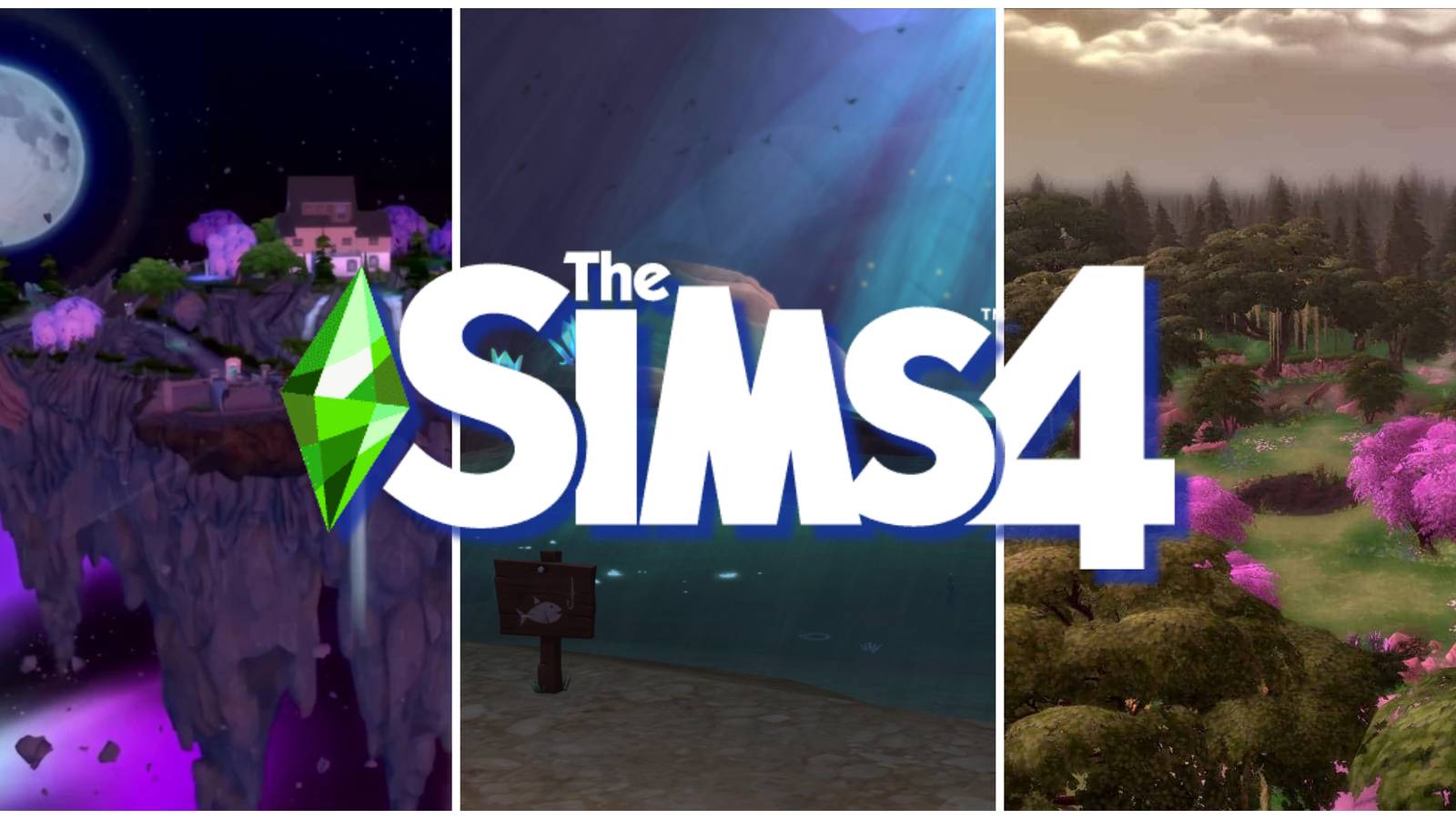 A collage of three hidden worlds in The Sims 4: The Magic Realm, The Forgotten Grotto, and The Sylvian Glade.
