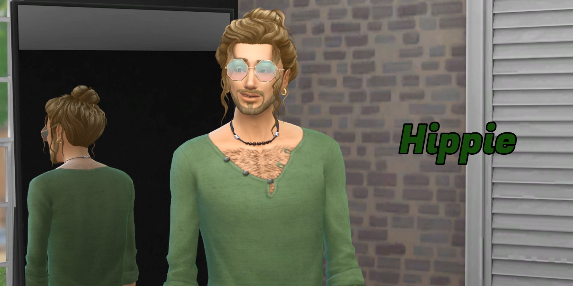 A Sim with a tied-up bun represents the Hippie generation of the legacy challenge