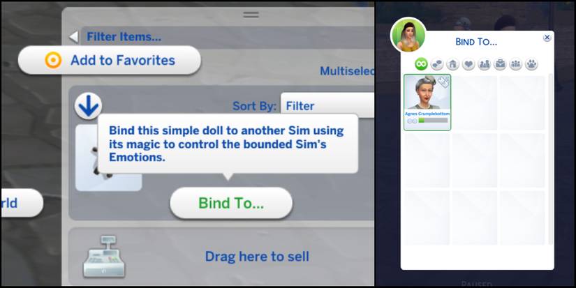 Screenshots showing how to bind a voodoo doll to a Sim