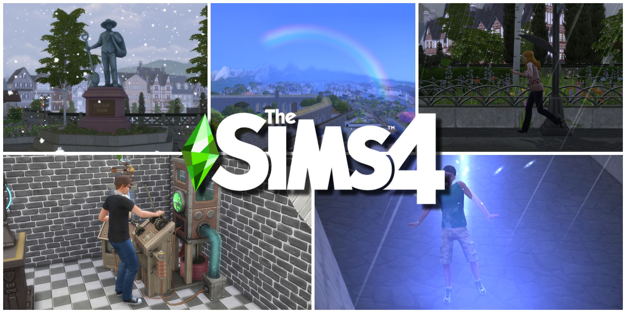 A collage of several photos of weather and how to control it in The Sims 4