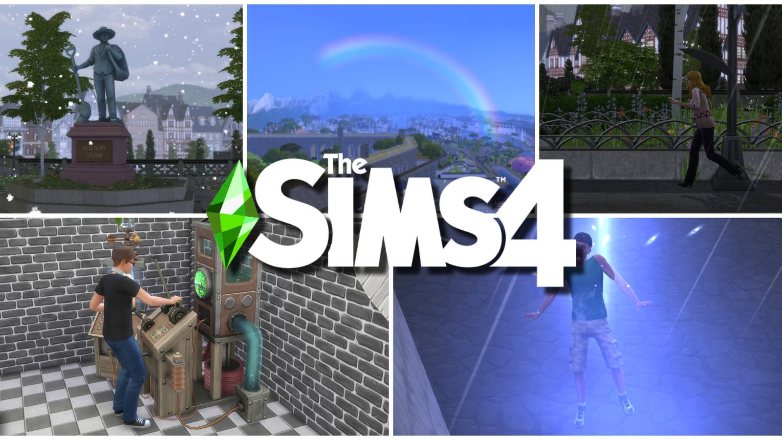 A collage of several photos of weather and how to control it in The Sims 4