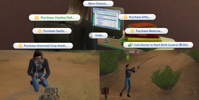 A Sim tries fishing, digging, and searching online to find a voodoo doll