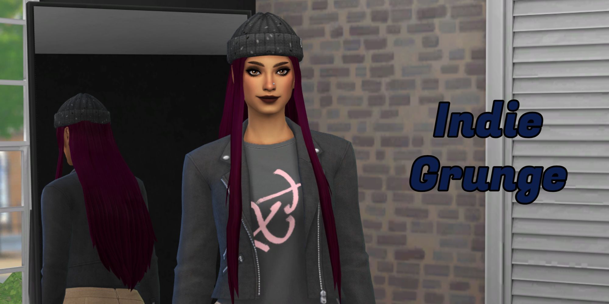 A Sim with long purple hair and black clothing represents the Indie Grunge generation