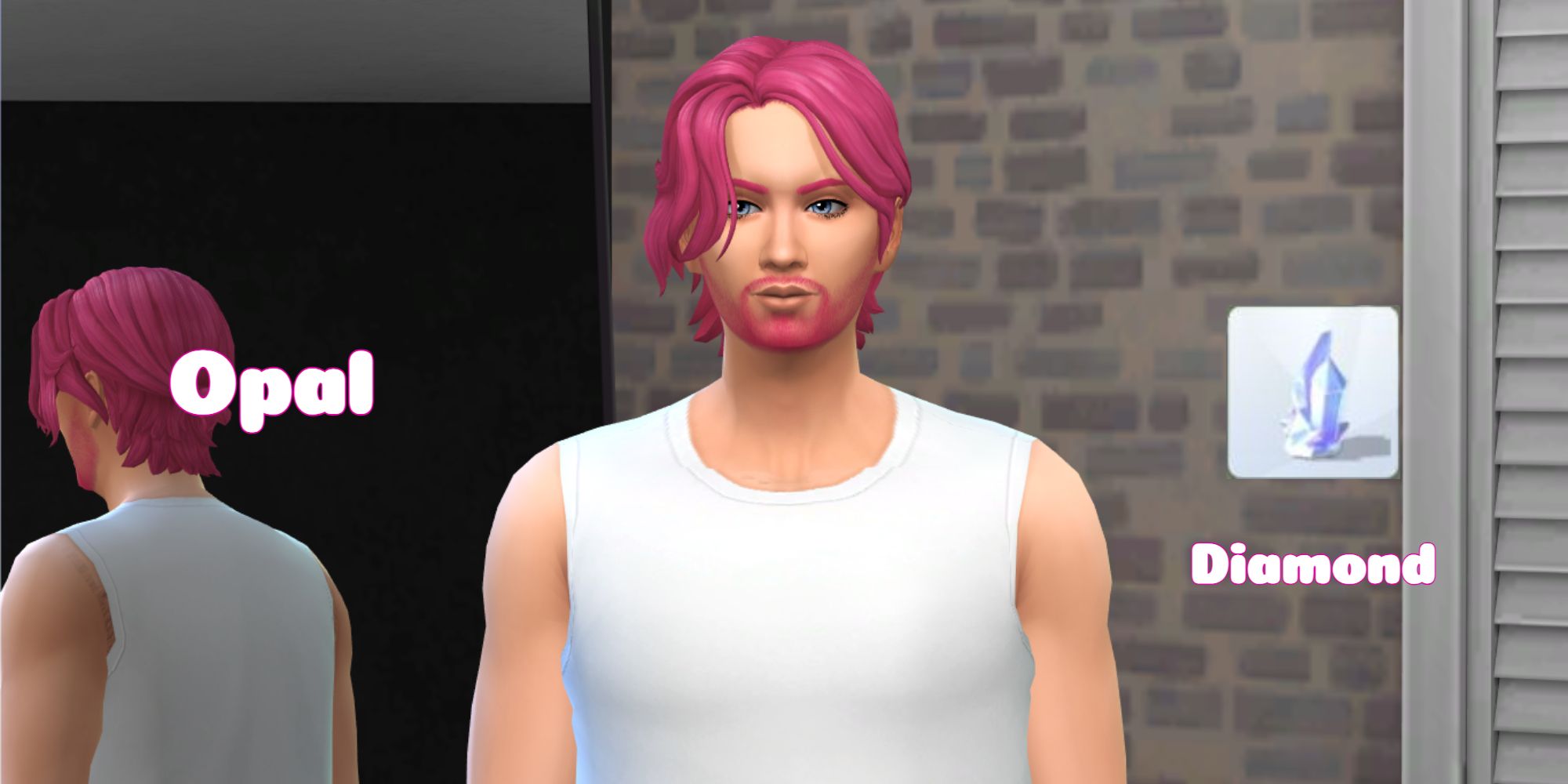 A Sim with white vibes and pink hair represents an opal and should collect a diamond in game