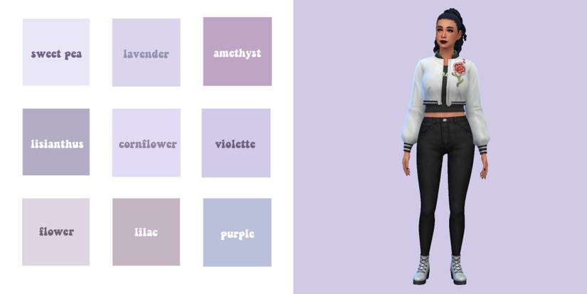 A Sim stands in front of the pastel Violette background from Shasims