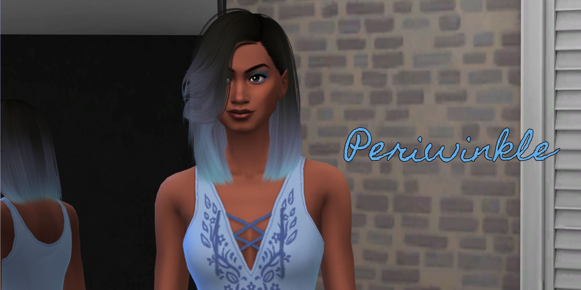 A Sim with Periwinkle colored hair represents their generation of the legacy challenge