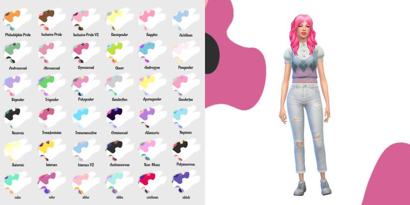 A Sim poses next to the many options available for custom pride backgrounds