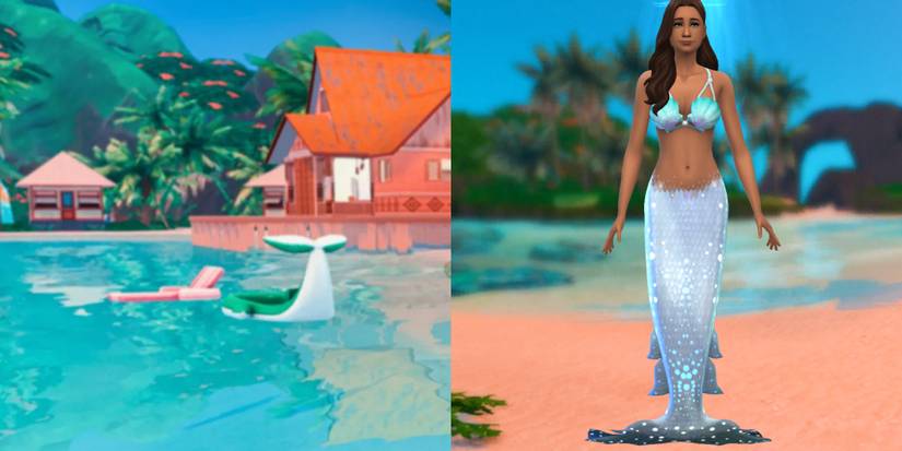 A mermaid Sim shows an example of a Sulani themed cas background