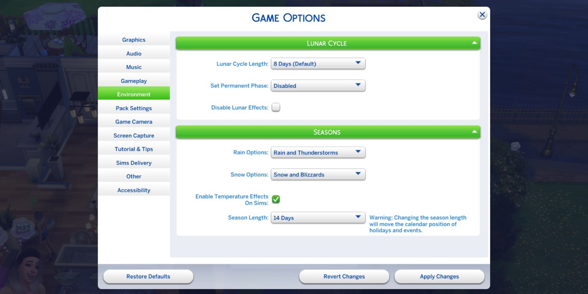 season and weather settings the sims 4