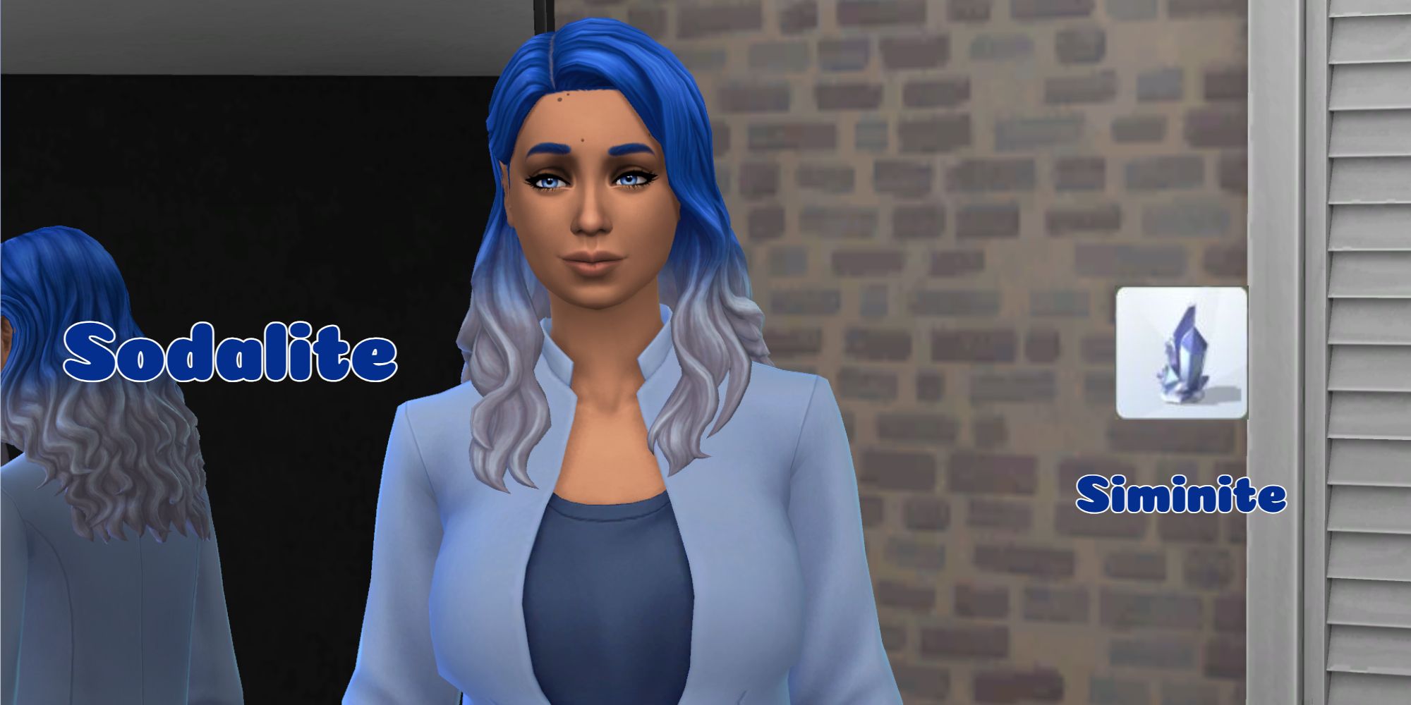 A Sim with blue and white vibes represents the Sodalite crystal and should collect a siminite