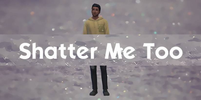 A Sim has the textured Shatter Me Too custom background by Miss Mani