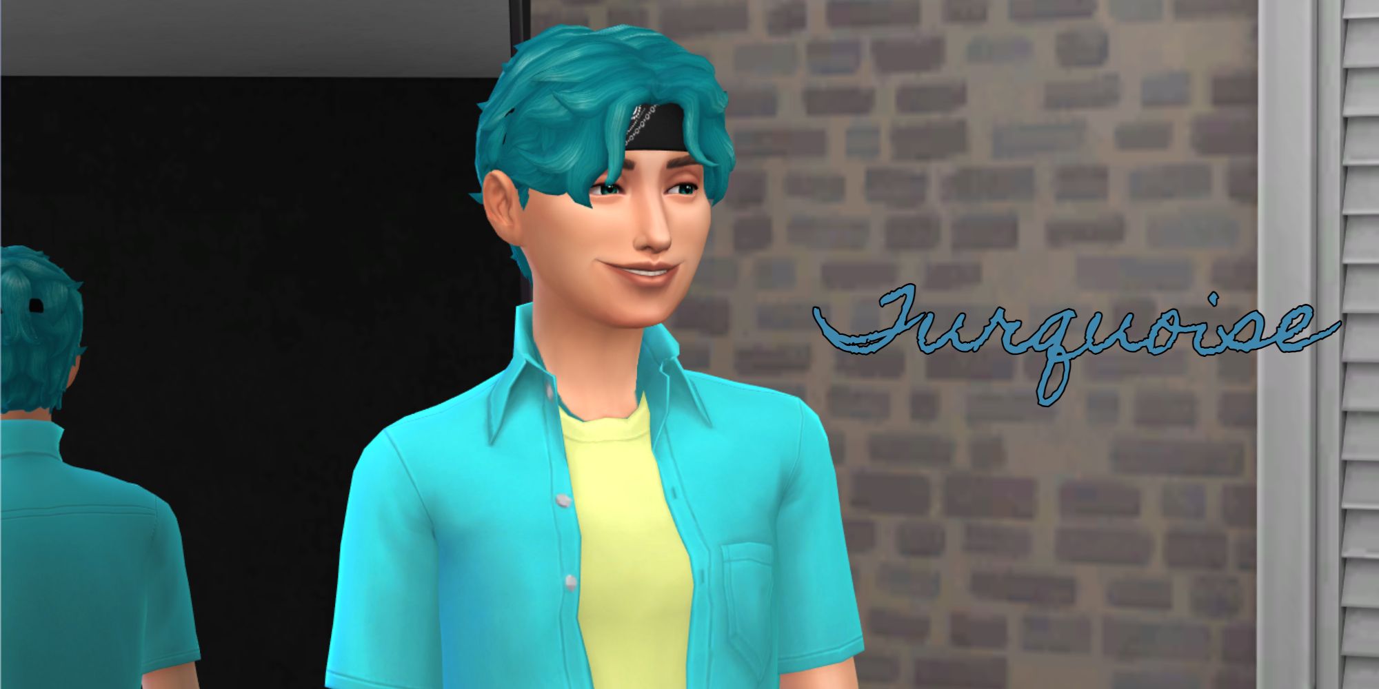 A Sim with Turquoise hair and clothing represents their generation of the legacy challenge