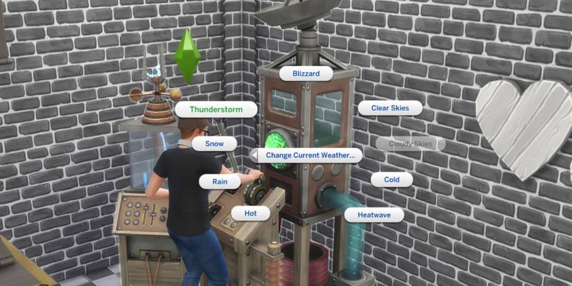 A Sim is using the Dr June's Weather Control Device to change the current weather