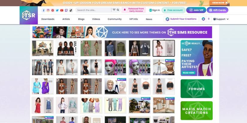 The front page of The Sims Resource website advertizing custom content
