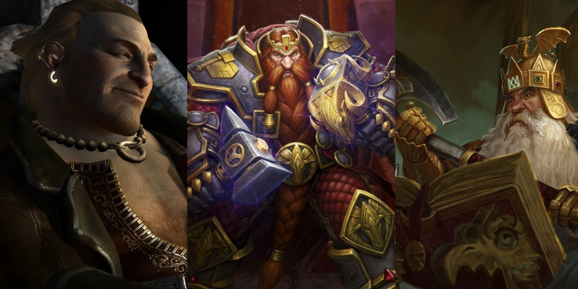 Split image featuring 3 dwarves: Varric Tethras, Magni Bronzebeard, Thorgrim Grudgebearer.