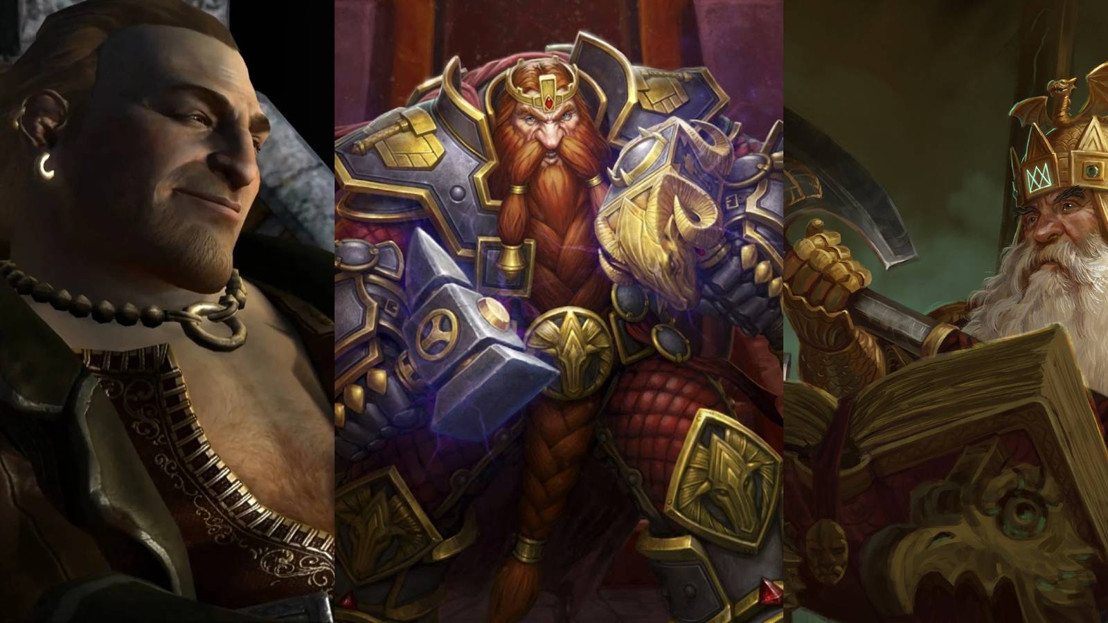 Split image featuring 3 dwarves: Varric Tethras, Magni Bronzebeard, Thorgrim Grudgebearer.