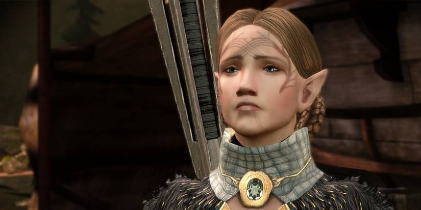 The Warden speaks to Lanaya in the Dalish camp in Dragon Age: Origins