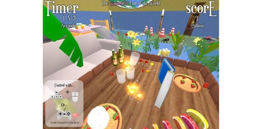 A small glowing figure on a table with plates of food. Image source: Steam