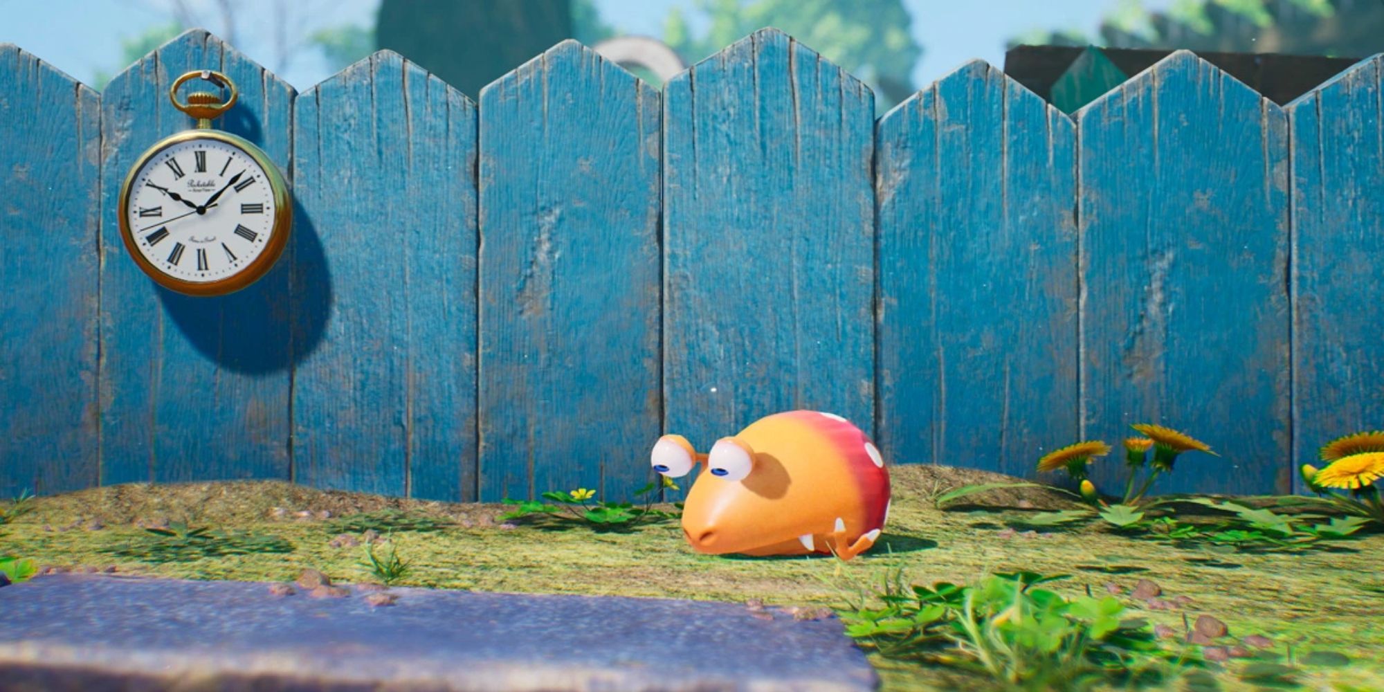 A screenshot from pikmin 4 showcasing a red bulborb by a blue fence with an analog clock attached to it.