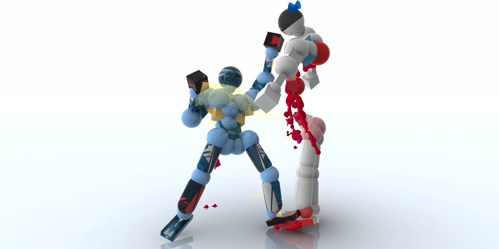 A blue character that has performed an uppercut on another character, who is split in half with blood gushing out of them in Toribash