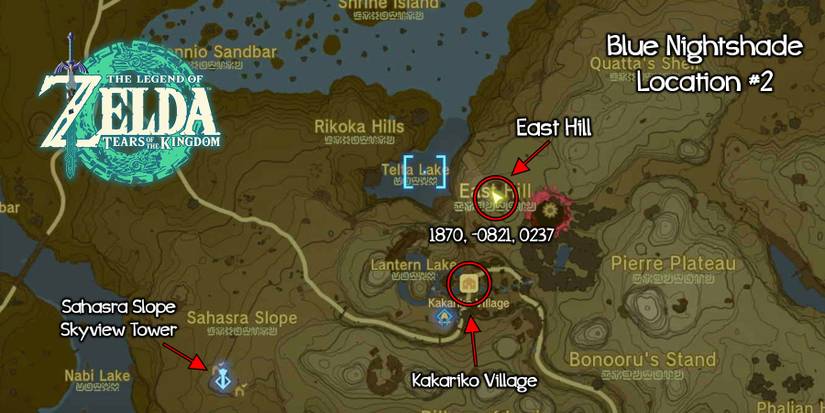 Map location for farming Blue Nightshade in Zelda: Tears of the Kingdom.