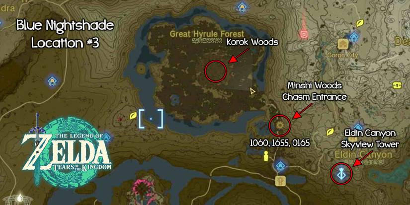 Map location for farming Blue Nightshade in Zelda: Tears of the Kingdom.