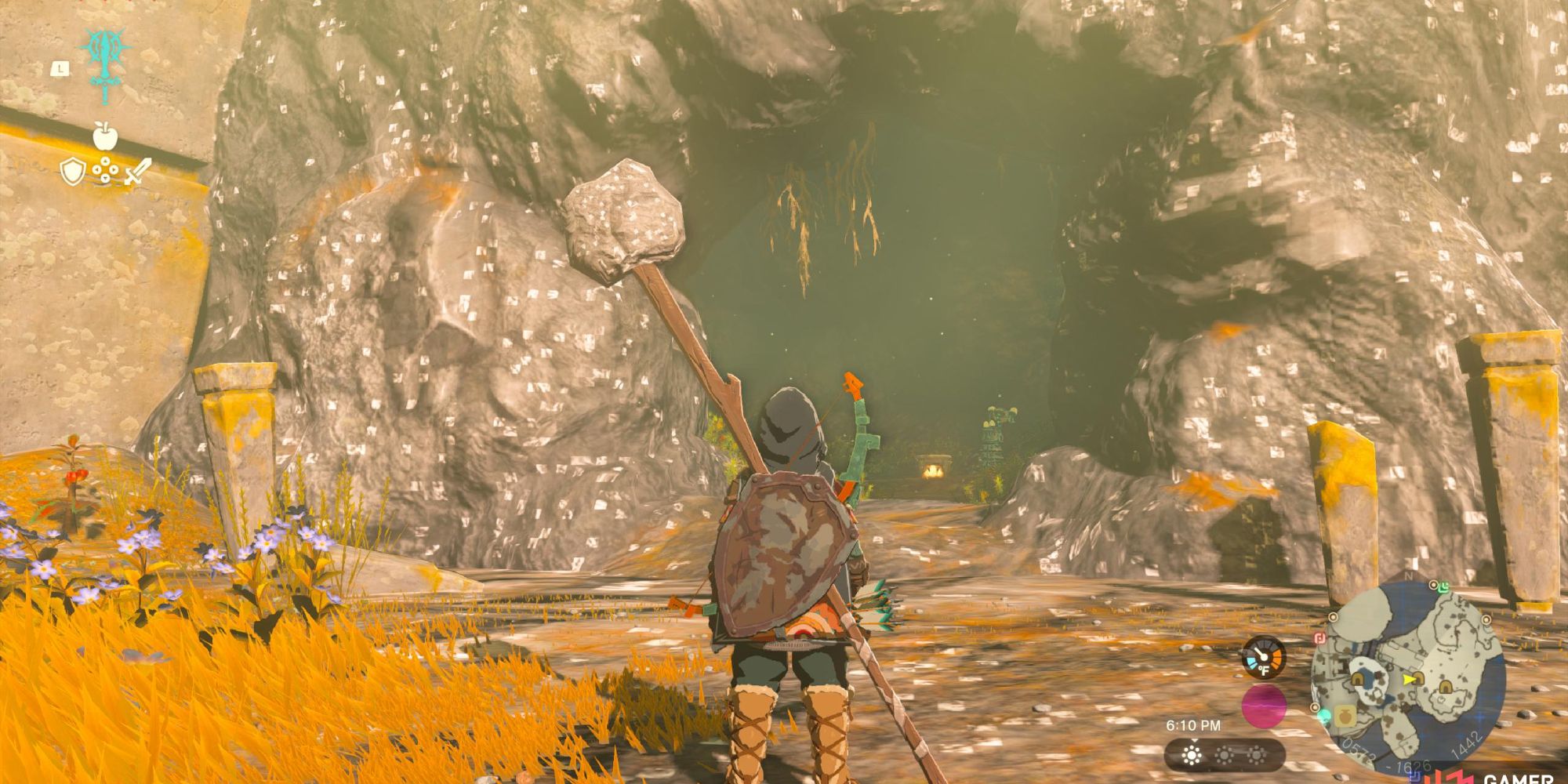 Link standing in front of a Sky Island cave