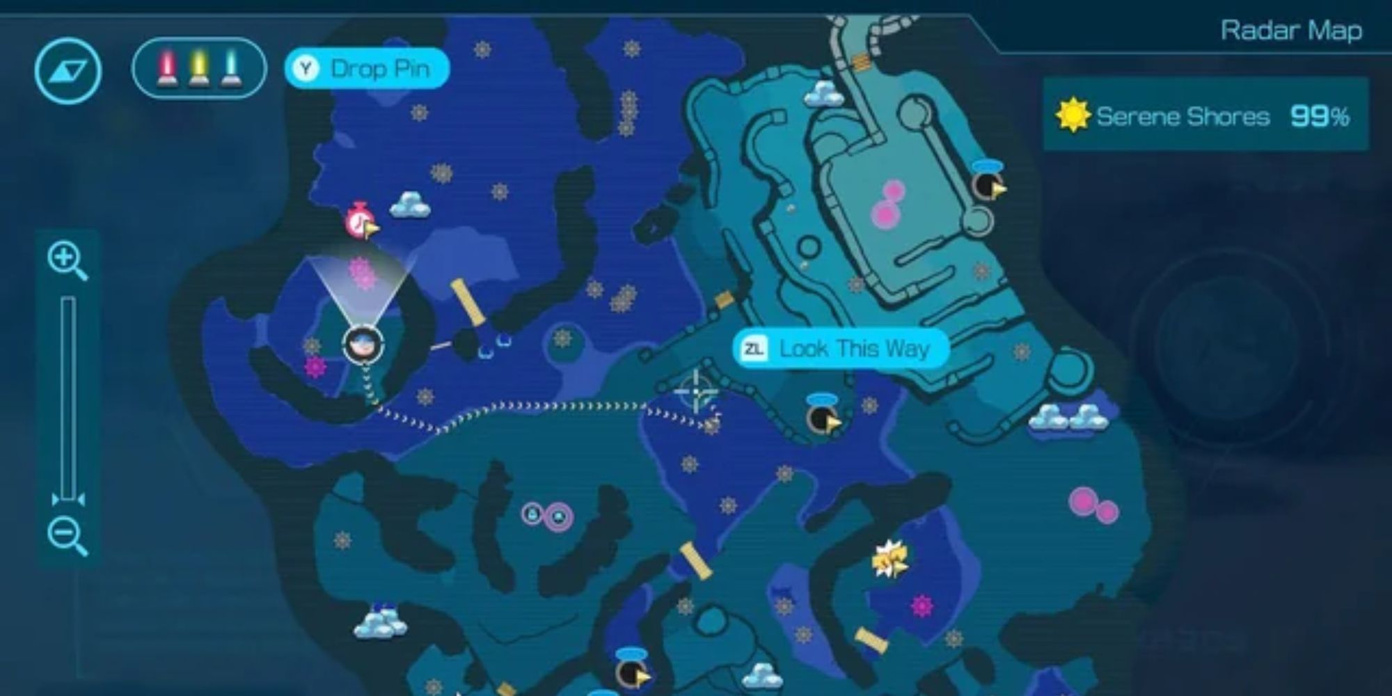 A screenshot from Pikmin 4 showcasing a blue Radar Map.