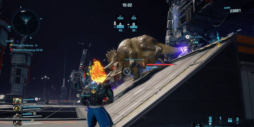 In-game footage of an Triceratops from Exoprimal