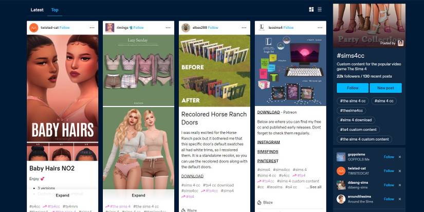 The homepage for #thesims4cc with several posts for custom content