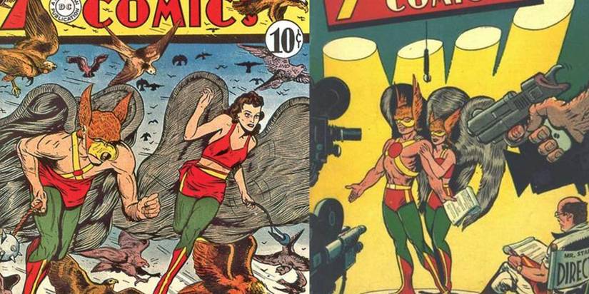 Two flash comic covers featuring the original Hawkman and Hawkgirl