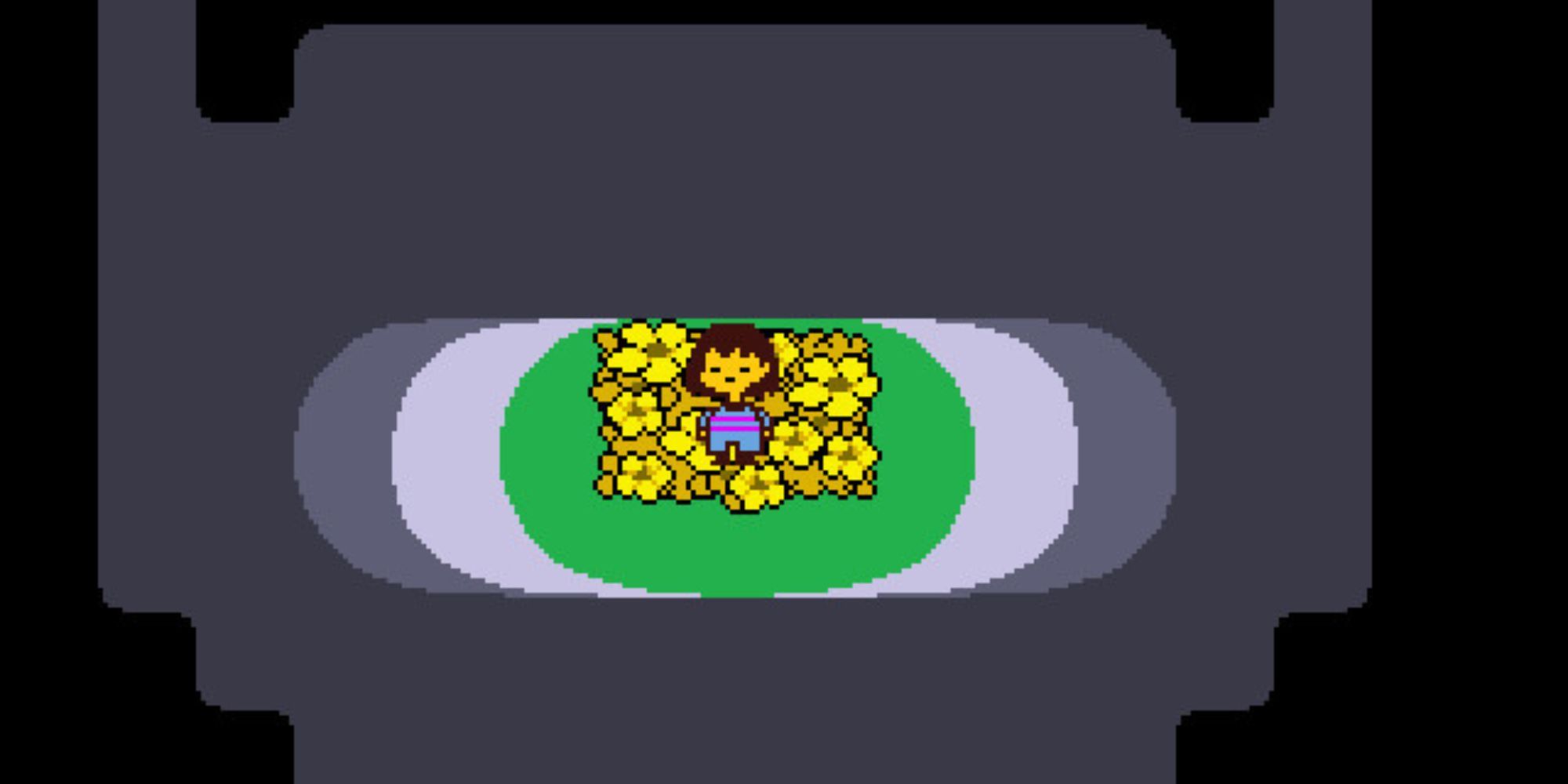 O jogador está deitado em um canteiro de flores em Undertale