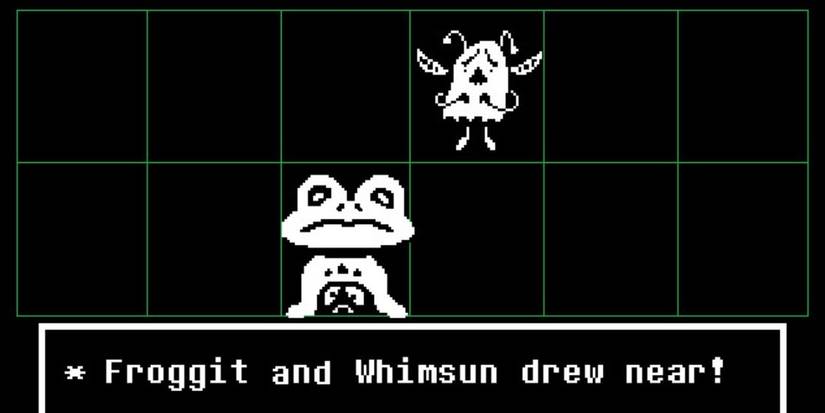 Froggit and Whimsum on a battle screen in Undertale with splash text "Froggit and Whimsum drew near!"