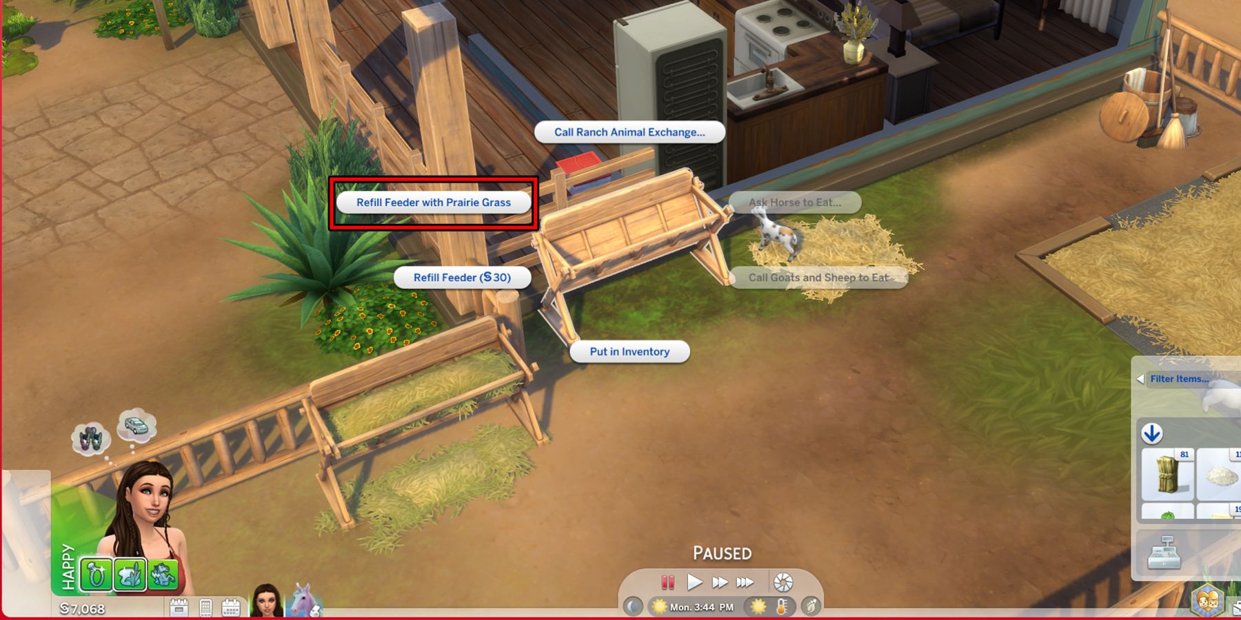 use prairie grass to refill animal feeder in the sims 4