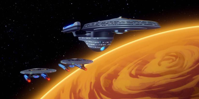 The USS Hood in space with the USS Cerritos and USS Carlsbad in the background.