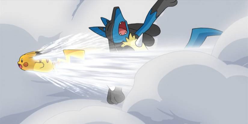 Pikachu dashing past Lucario in smoke