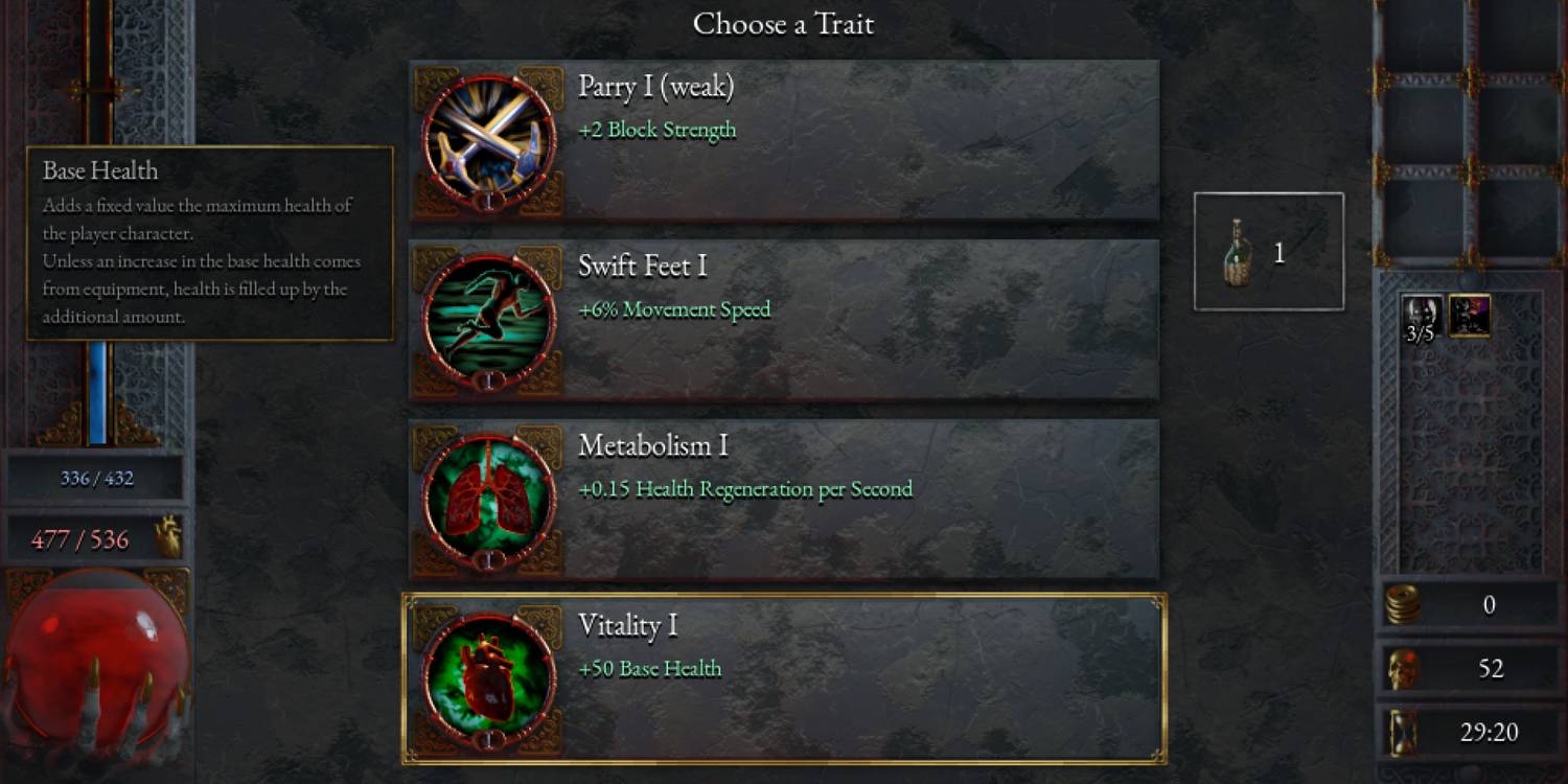 The Vitality trait as it appears on the level-up menu in Halls of Torment