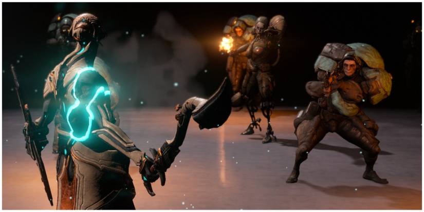 Baruuk Warframe standing against Grineer Troopers and a Grineer Heavy Gunner with his signature weapon, Cobra and Crane.