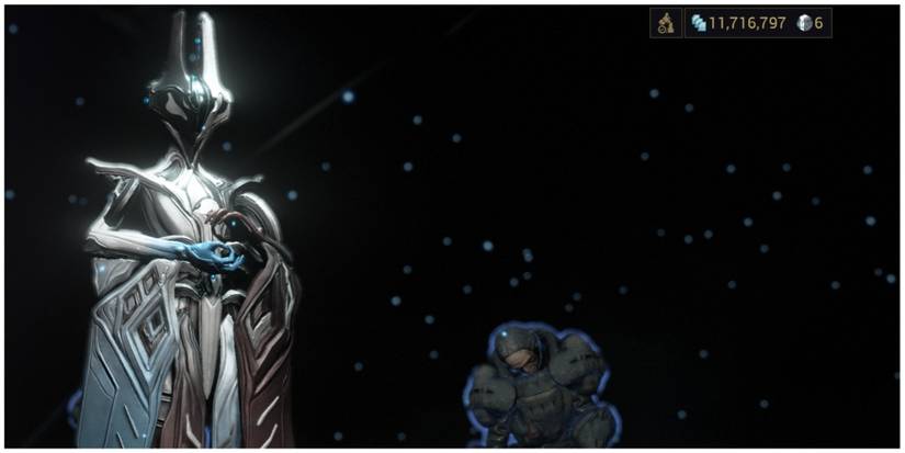 Equinox Warframe standing in the void, with Grineer troop affected by Rest behind it.
