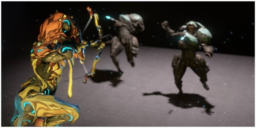 Ivara fires her Exalted Weapon, the Artemis Bow, at Grineer Troopers.