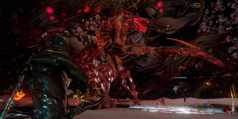 In-game photo of Warframe Lephantis Boss fight. Excalibur Warframe with Dread bow and Broken War melee in the foreground.