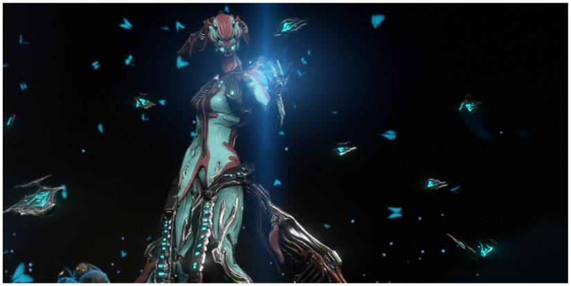 The Titania Warframe surrounded by Razorflies, with a Grineer Trooper in the background